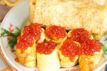 The national Russian meal - pancakes with red caviar