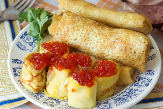 The national Russian meal - pancakes with red caviar