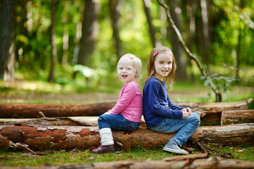 Fototapeta premium Two little sisters sitting on a big log