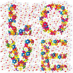 Obraz premium Love words decorated with flowers and hearts