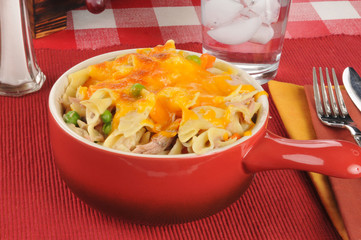Tuna casserole in a stoneware crock