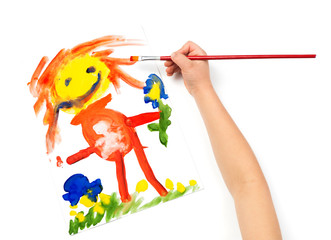 Naklejka premium Child draws mother watercolors