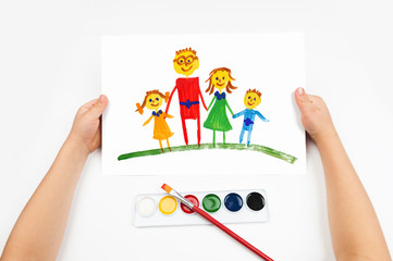 Naklejka premium Child draws the family watercolors