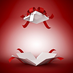 pacco regalo aperto con sfondo rosso