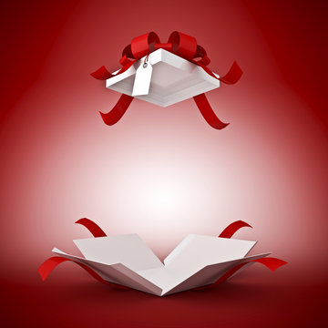 pacco regalo aperto con sfondo rosso