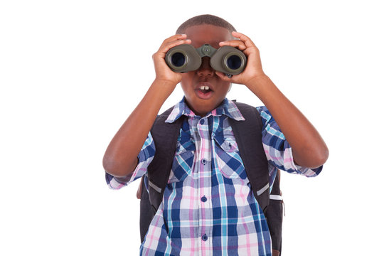 African American school boy using binoculars - Black people