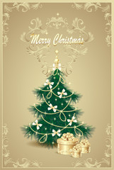Christmas Tree and gifts bows, bell, stars, garland and beads