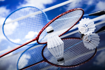 Shuttlecock on badminton racket 