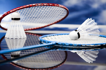 Shuttlecock on badminton racket 