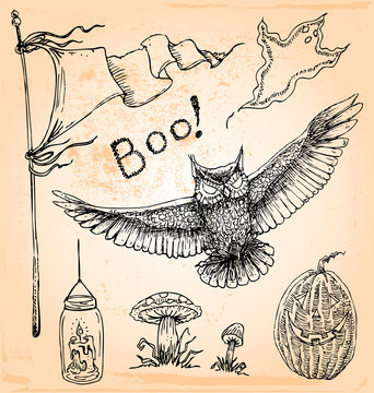 Vintage Halloween Hand Drawn Vector Set Five