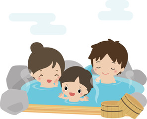 温泉に入る若い夫婦とこども