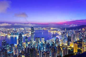 Naklejka premium Hong Kong skyline during sunrise