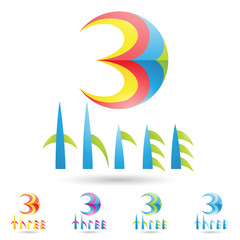 colorful and abstract icons for number 3, set 5