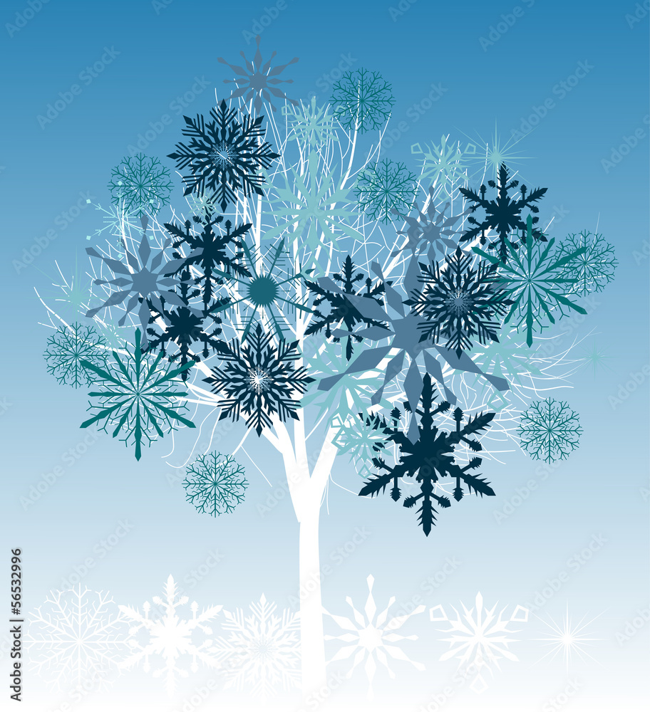 Sticker tree from snowflakes on light blue background