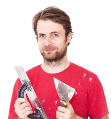 Manual worker with wall plastering tools isolated on white
