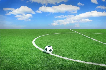 Fotobehang Voetbal Soccer football field stadium grass line ball background