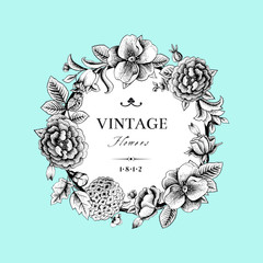 Beautiful card with a round wreath of different flowers