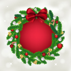 Fototapeta na wymiar Christmas wreath of fir tree with balls, candy and a red bow