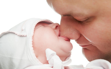 newborn baby sucking father nose