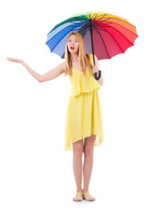 Woman with umbrella isolated on white