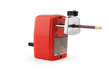 Red rotary pencil sharpener with pencil