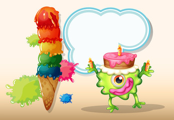 A monster with a cake above the head
