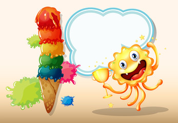 A monster holding a trophy near the giant icecream