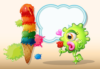 A monster holding a rose while standing near the giant icecream