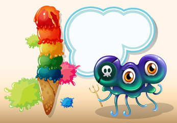 A monster with a death fork standing near the giant icecream
