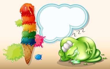 A tired monster sleeping near the giant icecream
