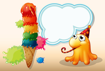 Naklejka premium A monster celebrating beside the giant icecream