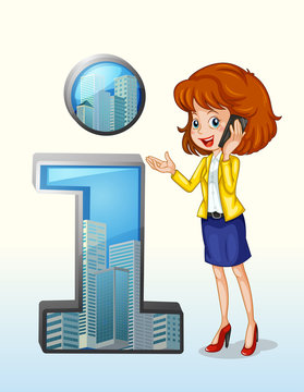 A woman using a cellphone standing beside the number one symbol