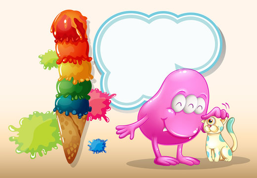 A pink monster and a cat near the giant icecream