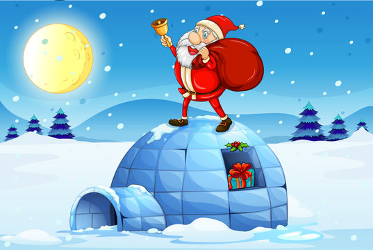 Santa standing above an igloo