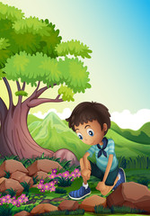 A boy watching the rocks in the forest