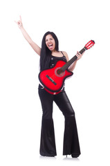 Woman with guitar isolated on the white