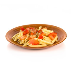 Macaroni with tomato isolated over white background