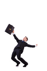 Funny businessman being blown by wind