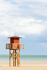 Fototapeta premium lifeguard cabin on the beach in Narbonne Plage, Languedoc-Roussi