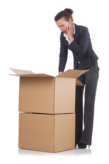 Woman businesswoman with boxes on white