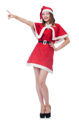 Young woman in red santa costume on white