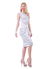 Model wearing fashionable clothing on white