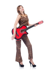 Woman in leopard clothing on white with guitar