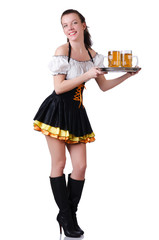 Young waitress with beer on white