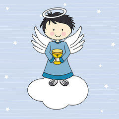 Boy first communion.  Angel on a cloud