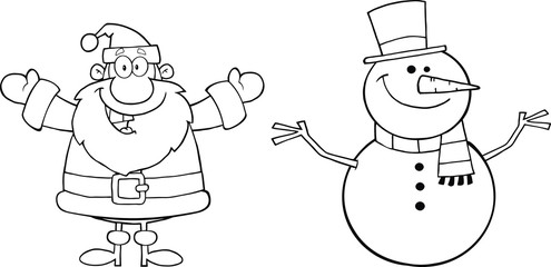 Black And White Happy Santa Claus And Snowman