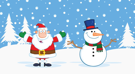 Santa Claus And Snowman With Open Arms For Hugging