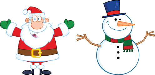 Happy Santa Claus And Snowman