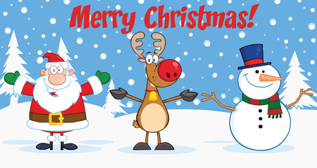 Merry Christmas Greeting With Santa Claus,Reindeer And Snowman