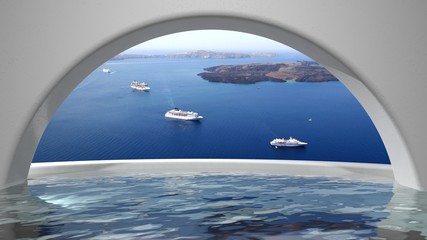 Santorini seascape, top view from hotels swimming pool